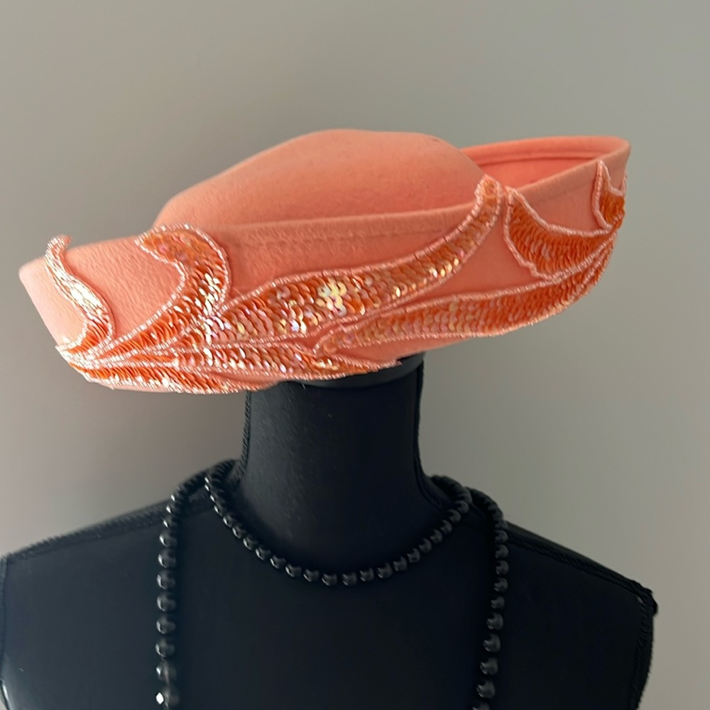 NWT peach orange sequins special occasion hat wedding, church or Kentucky derby